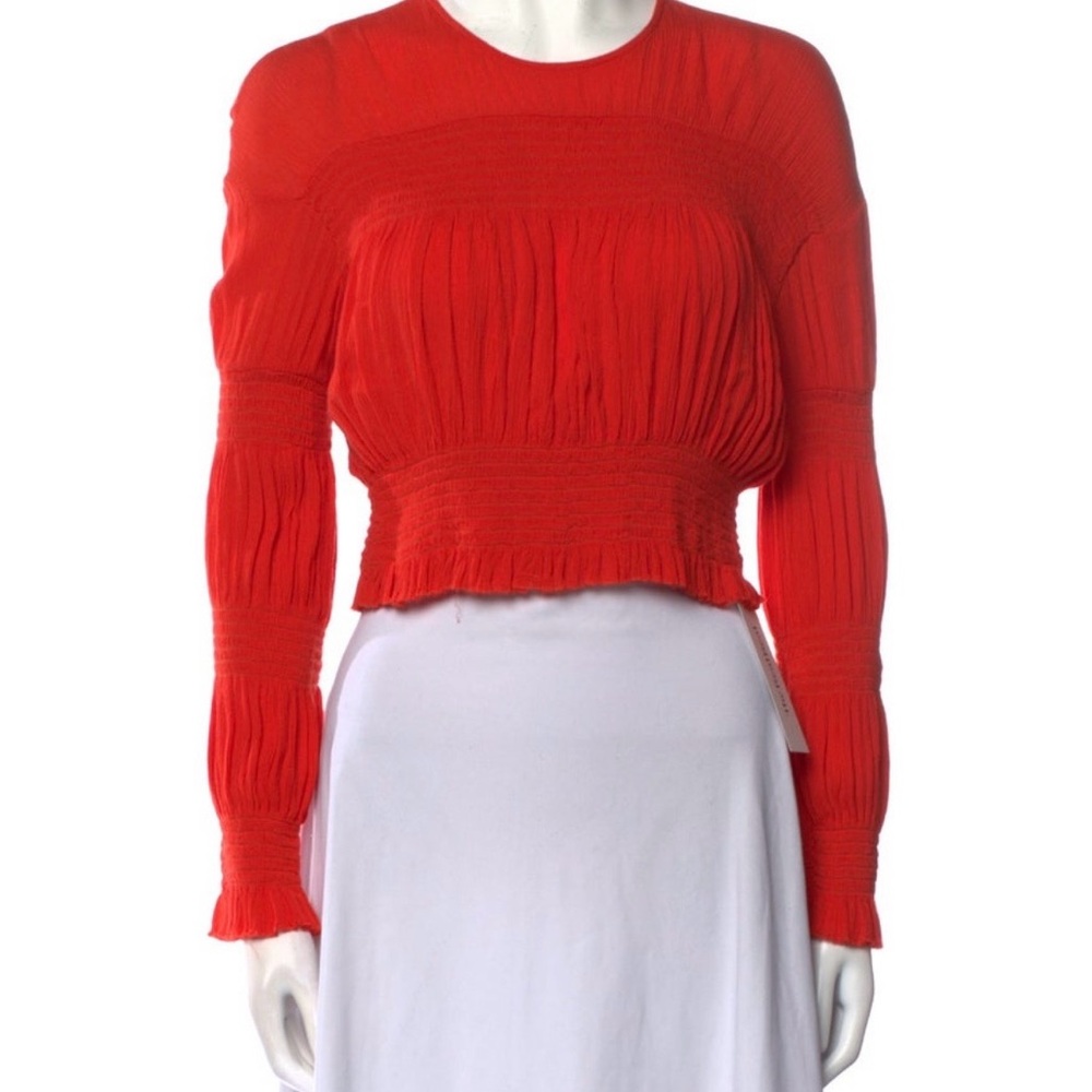 Rachel Comey Red Long-Sleeve Smocked Crop Blouse